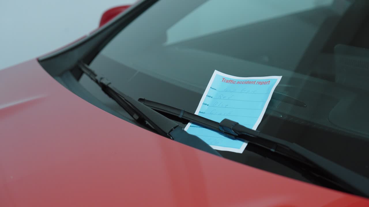un modulo di segnalazione di incidente posizionato sotto il tergicristallo di un'auto. Concetto di documentazione di incidenti stradali, processo di richiesta di risarcimento assicurativo, prove di responsabilità e procedura a bordo strada