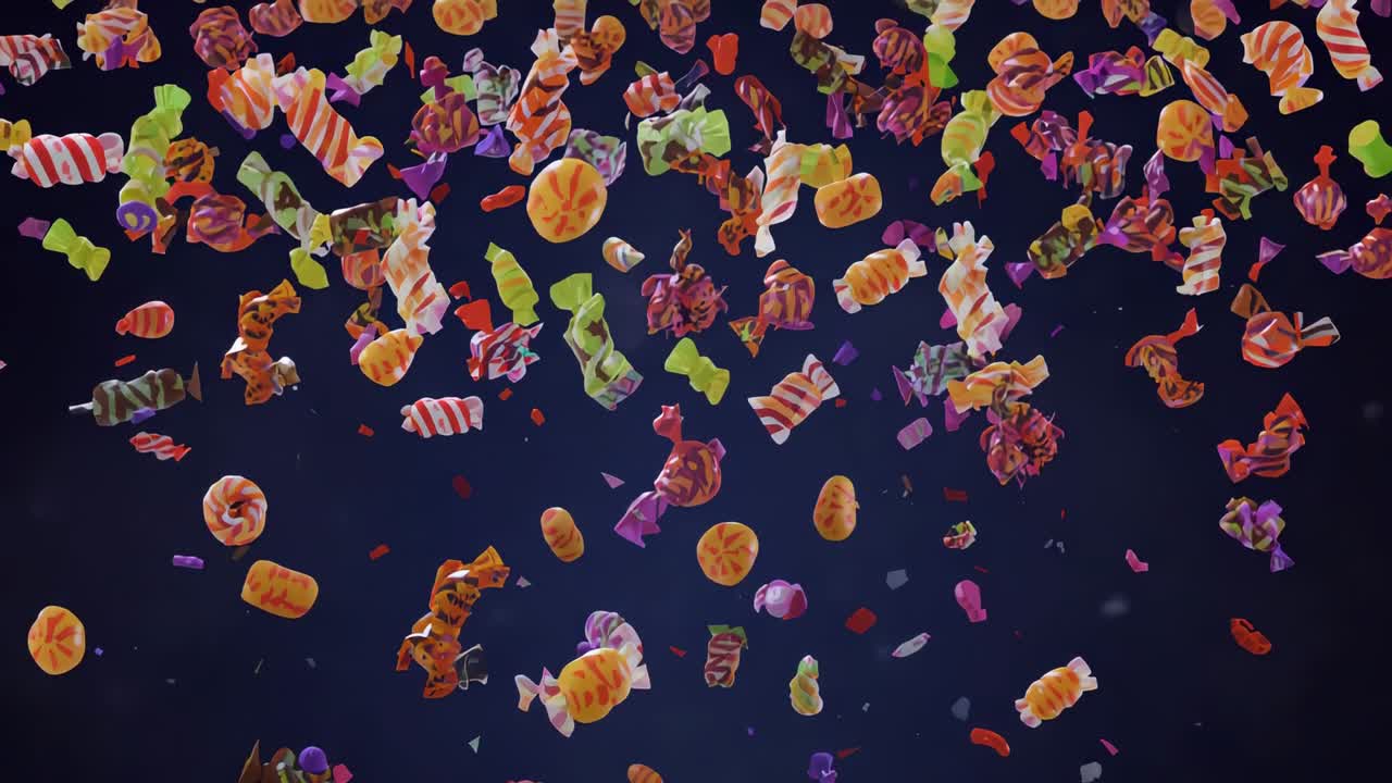 Gravity causing bright wrapped candies drifting down against navy backdrop, with confetti bits