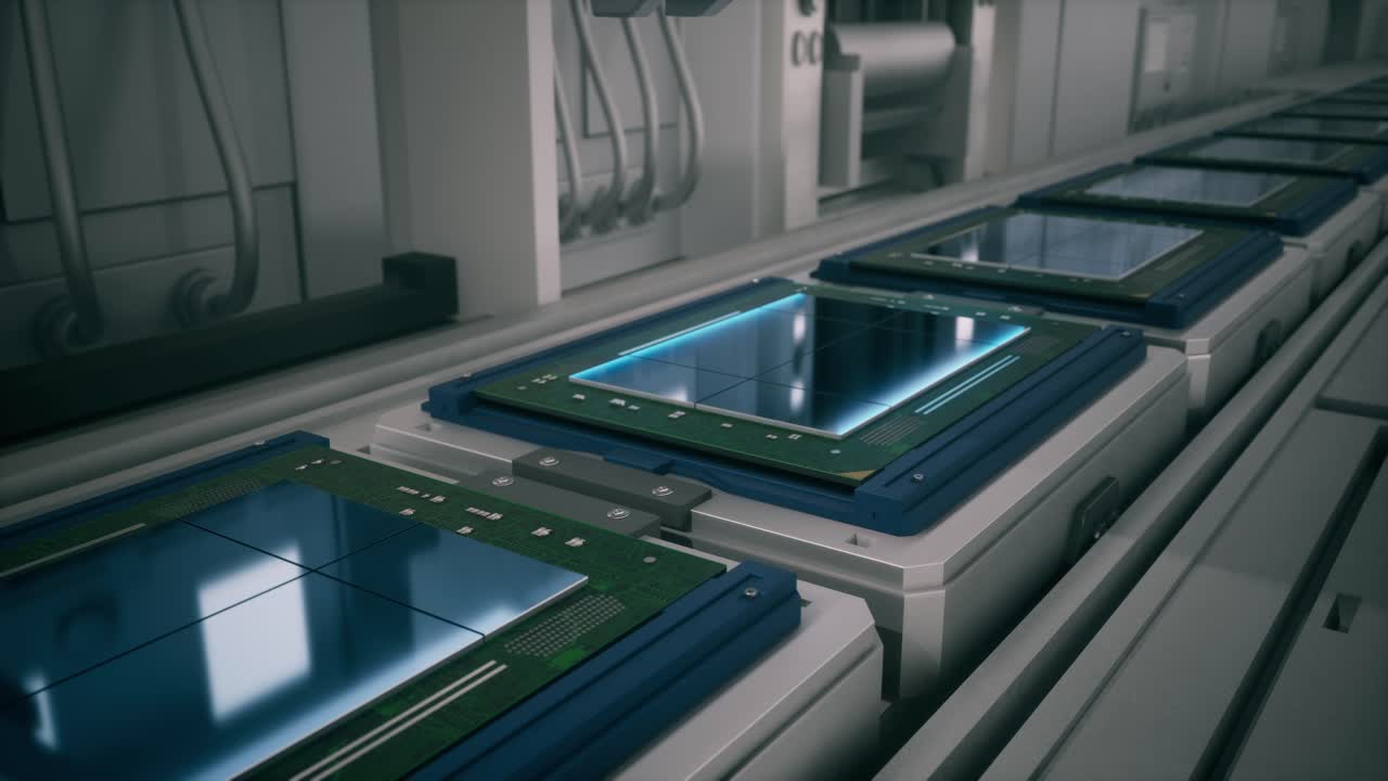 Electronic Circuit Boards On A Modern Assembly Line, Computer Processors Or Microchips On A Production Line