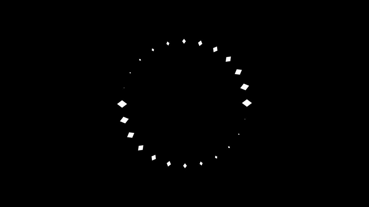 Animation of white rhombus icon that are arranged around each other in a circle on black background. Indicator for loading progress. Seamless looping. Video animated background.