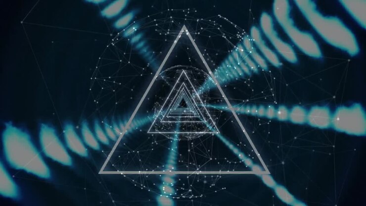 Animation of globe, neon triangles with rows of glowing lights and network of connections