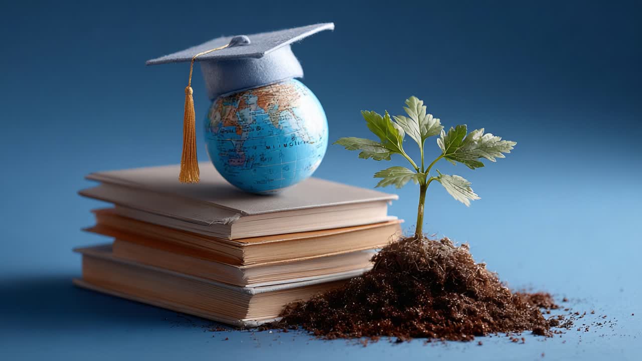 A Symbolic Representation of Education and Growth: A Graduation Cap on a Globe Next to Books and a Young Plant Emerging from Soil