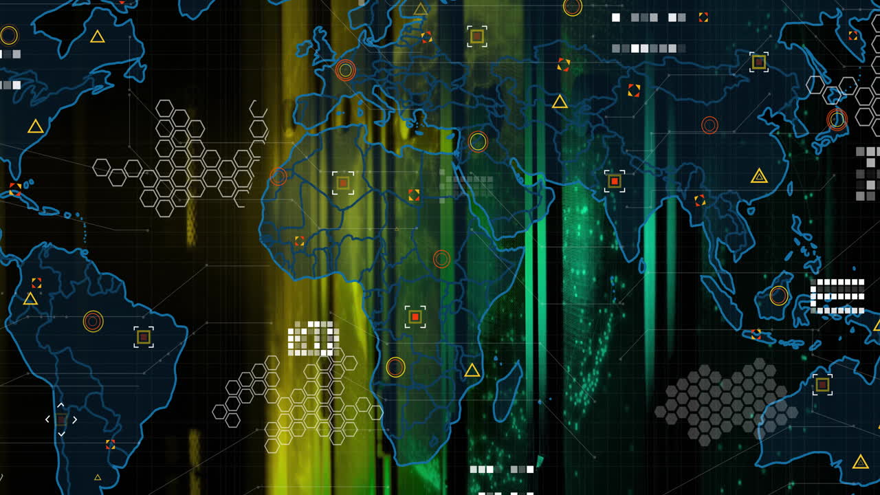 Animation with digital world map featuring data processing elements and patterns