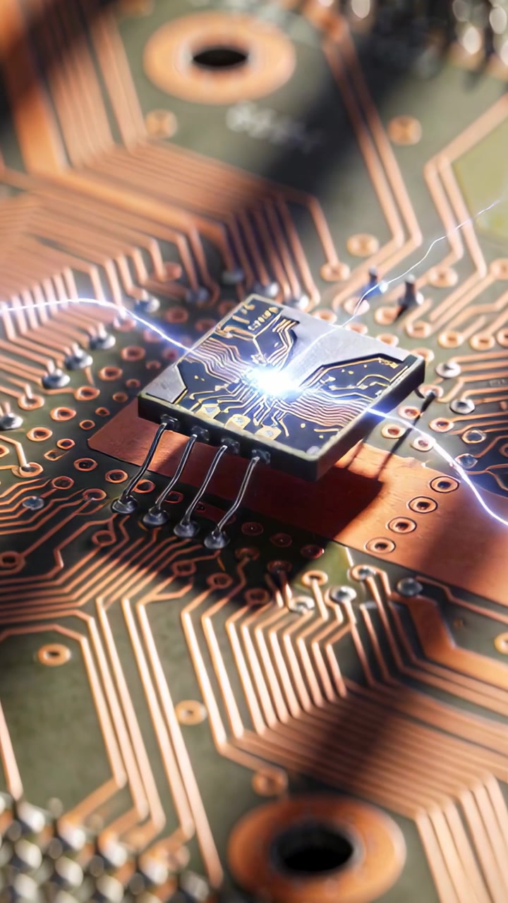 Vertical video: Emitting bright point, small square chip sending electric arcs across PCB traces