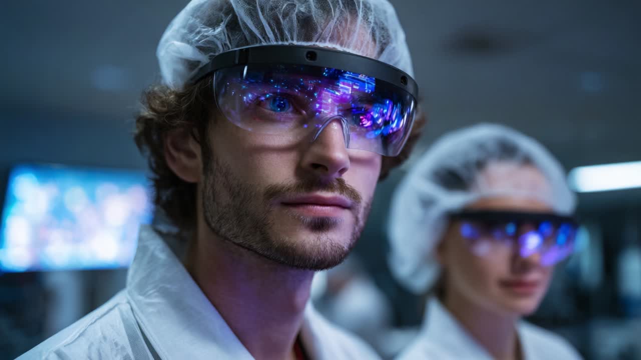 Focused Researchers Wearing Protective Gear and Augmented Reality Glasses in a High-Tech Laboratory, Engaged in Scientific Observations, Contributing to Advanced Research and Innovation
