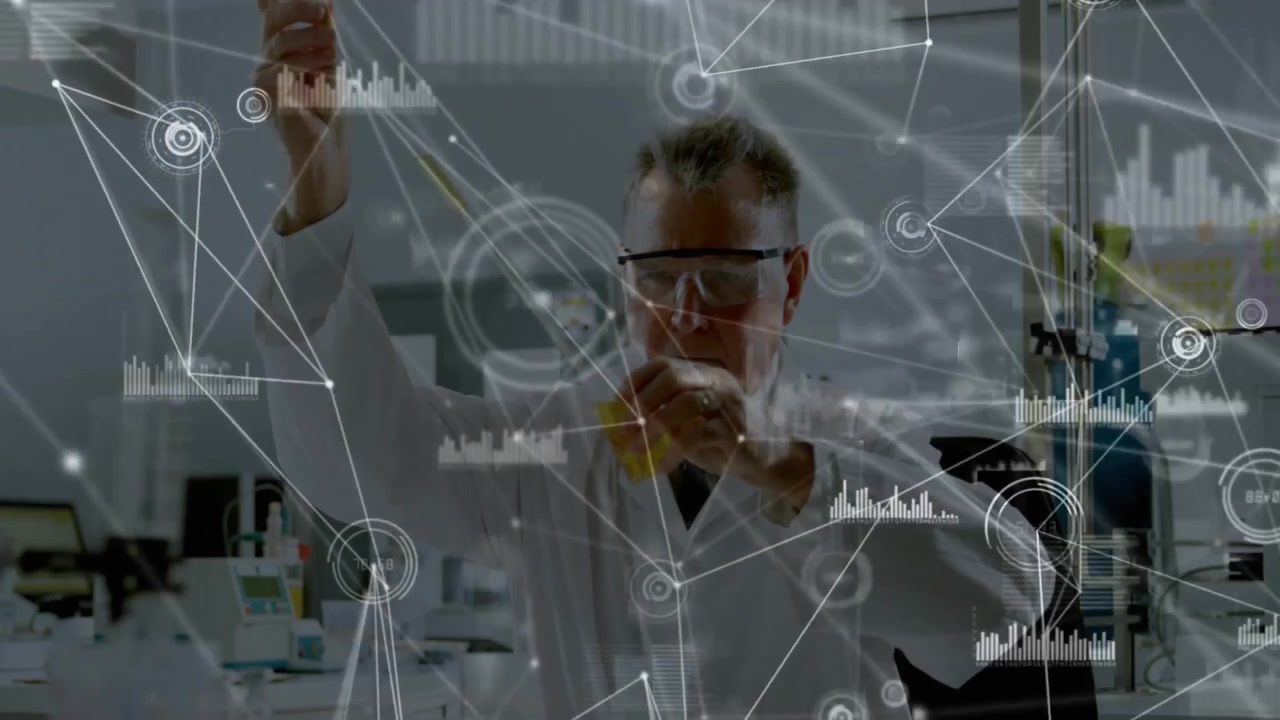 Research Scientist Analyzing Liquid in Laboratory with Data Overlay
