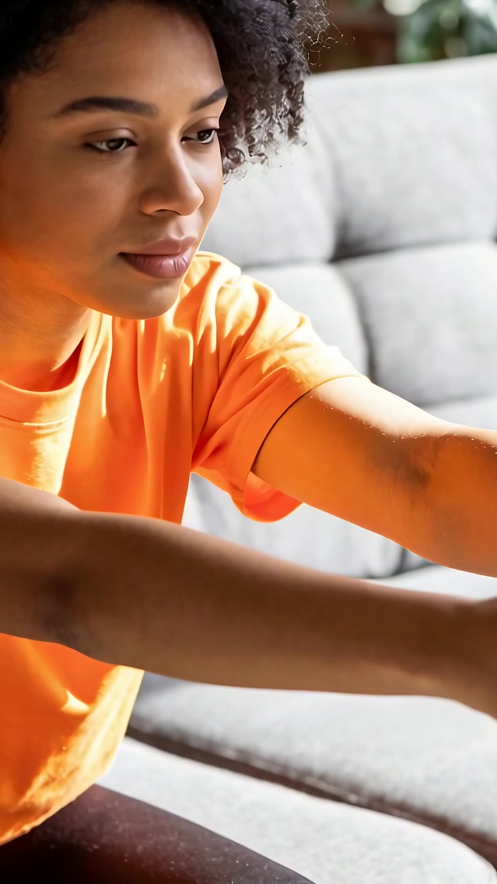 Vertical video: Reaching woman in orange tee leaning on gray sofa, gazing toward offscreen phone