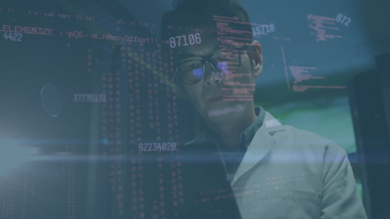 Animation of data processing against asian male engineer using digital tablet at server room