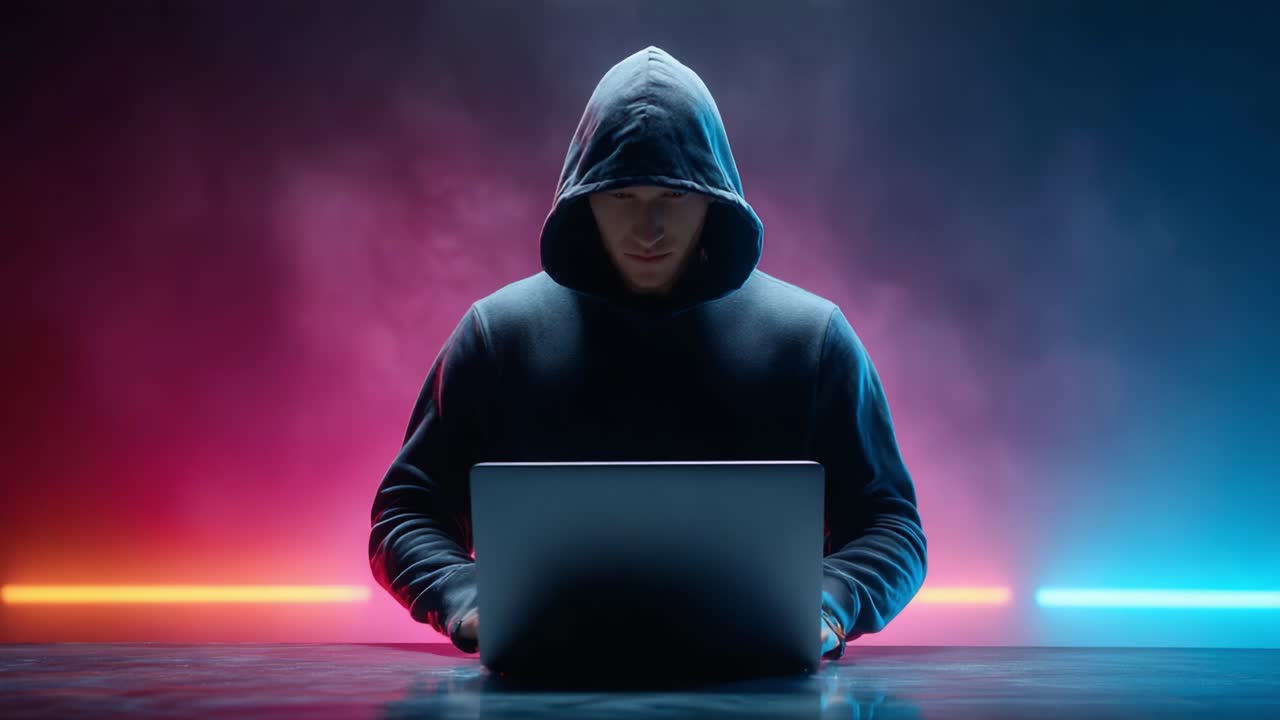 A silhouette of an enigmatic figure in a hooded sweatshirt intensely focused on a laptop, surrounded by a moody atmosphere of colorful neon lighting transitioning from pink to blue