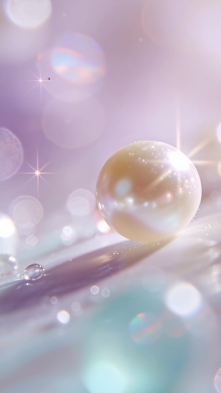Video verticale: Telecamera che si avvicina a una perla cremosa in uno studio macro, mostrando una gocciolina e bokeh