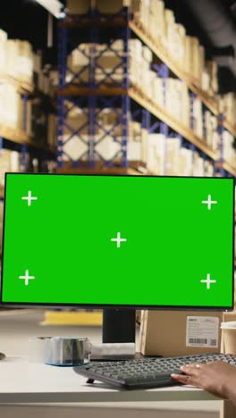 vertical video woman employee verifying airway bill tags on boxes next to copy space