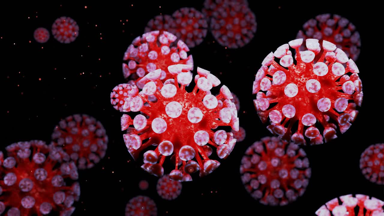 close-up tipo de coronavirus covid-19, h1n1, gripe aviar o gripe porcina se mueven suavemente en fluido representación 3d del virus como fondo de bucle microscópico microbiológico.