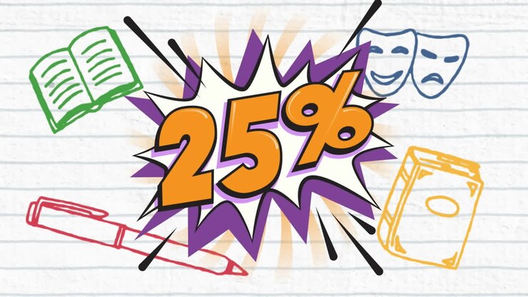 Animazione di testo arancione "25%" su esplosione sopra scarabocchi di materie scolastiche su pagina di quaderno a righe