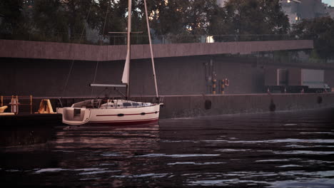 un velero blanco atracado en un muelle en un puerto de la ciudad