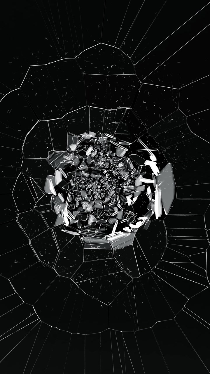 Sfondo con schermo di vetro rotto, grafica in movimento di vetro che si frantuma, effetto di frattura e crepe del vetro incrinato.