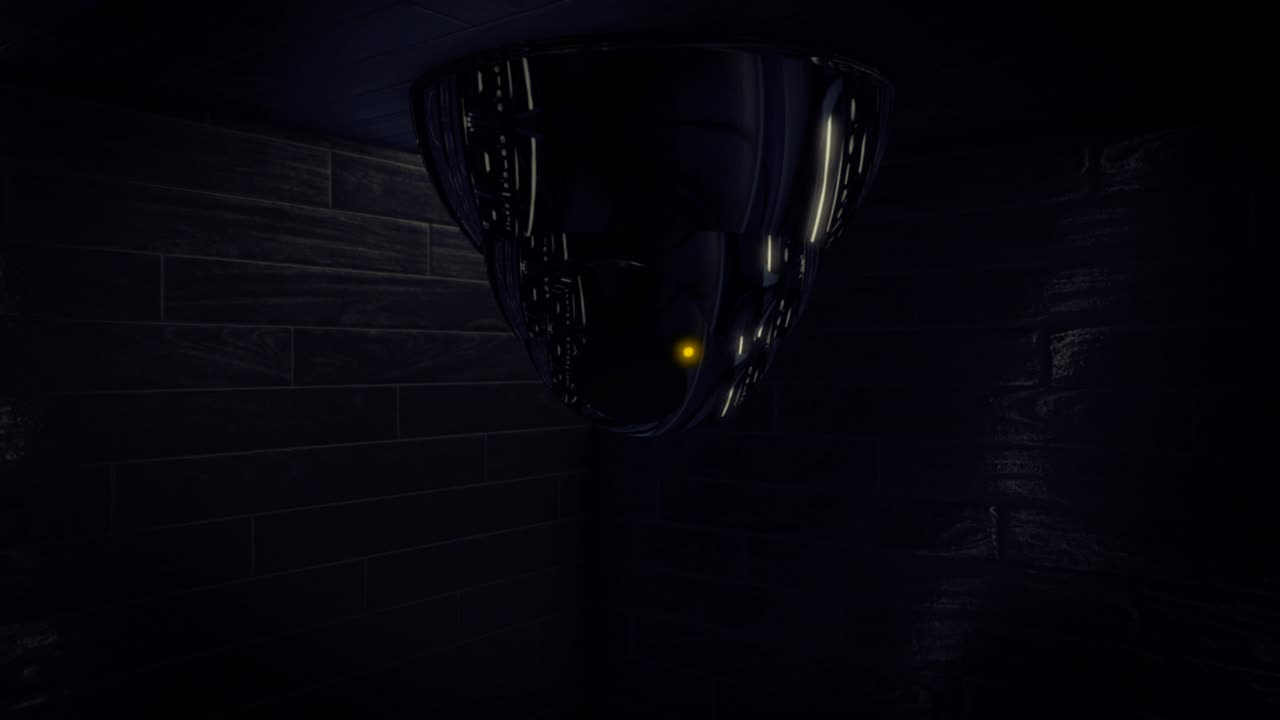 어두운 미래주의 인테리어 디자인과 반사적인 객체