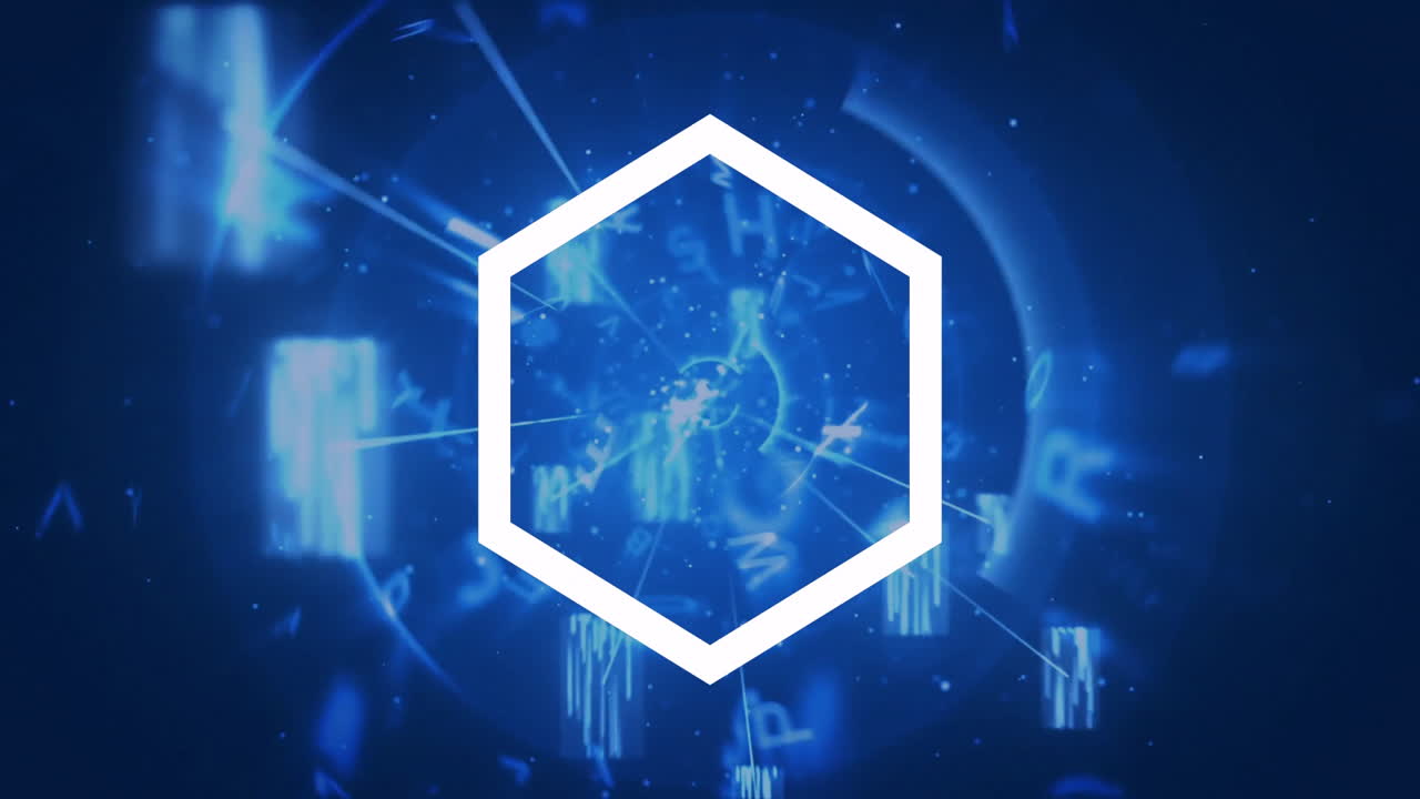 Animation of hexagon shape with swirling blue background, scattered letters, numbers