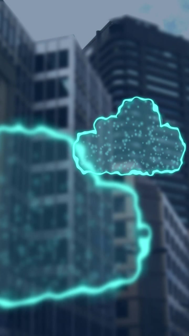 Animazione di nuvole digitali che volano su un paesaggio urbano.