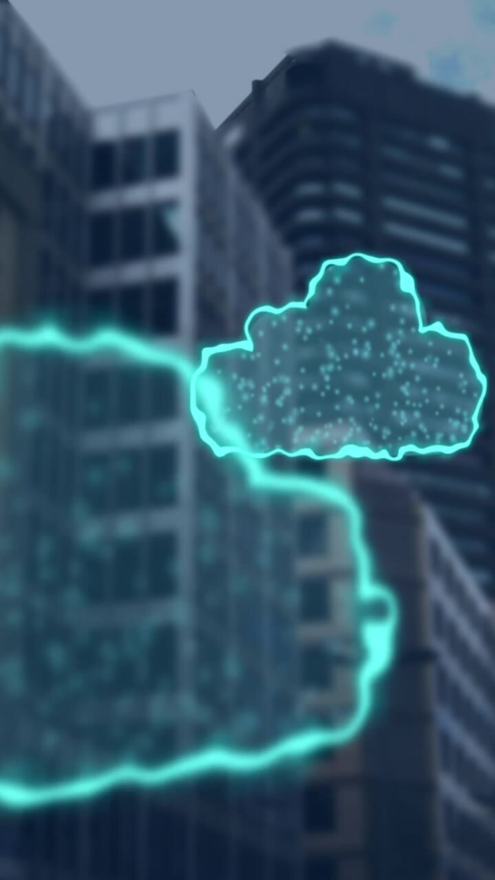 Animation of digital clouds flying over cityscape