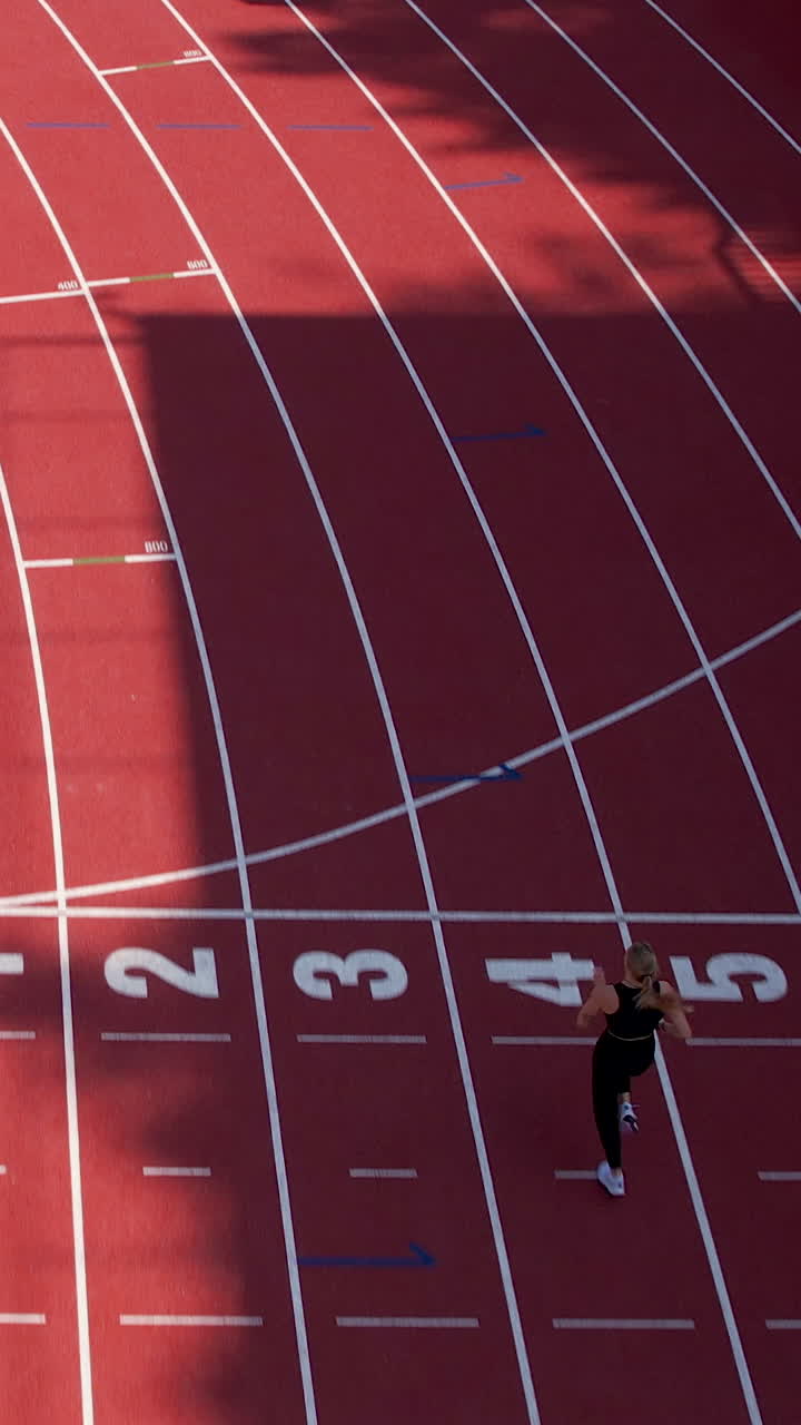 A highangle vertical shot of a female athlete sprinting across a red running track at a stadium. Perfect for fitness, sports, and motivational social media content