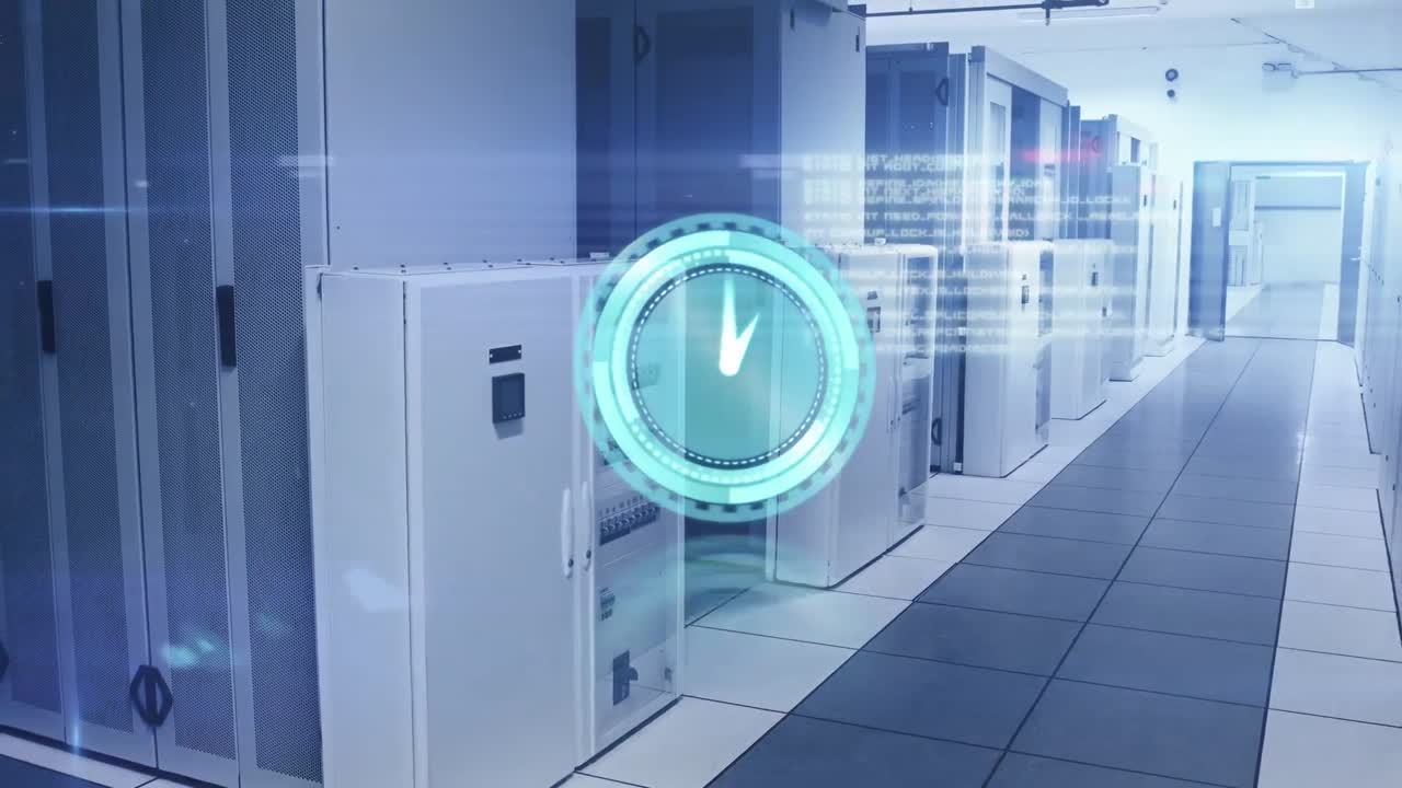 Animation of circular scanner with clock hands processing data over computer server room