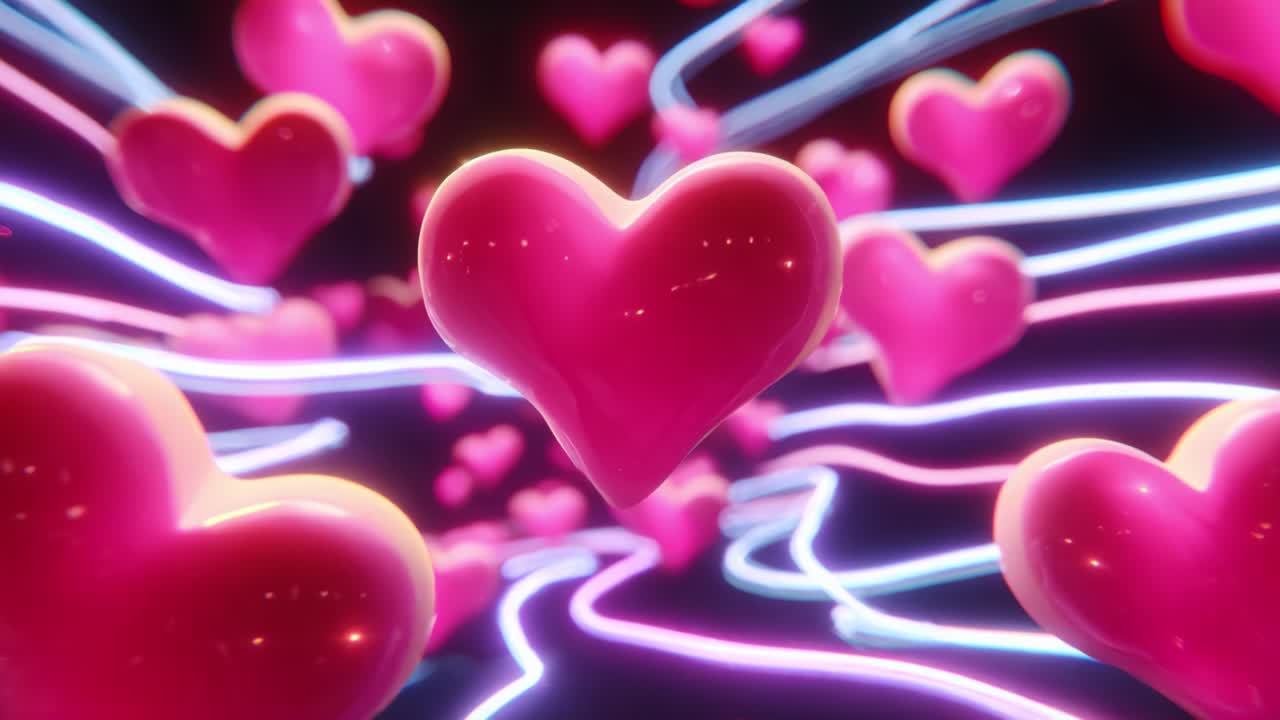 A mesmerizing journey through a vibrant stream of glowing pink hearts, swirling amidst neon lights, creating an enchanting atmosphere filled with love and joy, perfect for celebrations or romantic themes