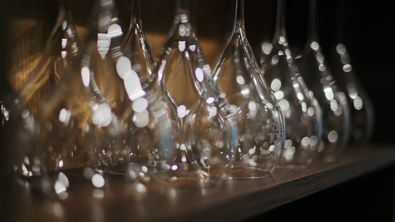 Close up of empty glasses turned upside down on a shelf