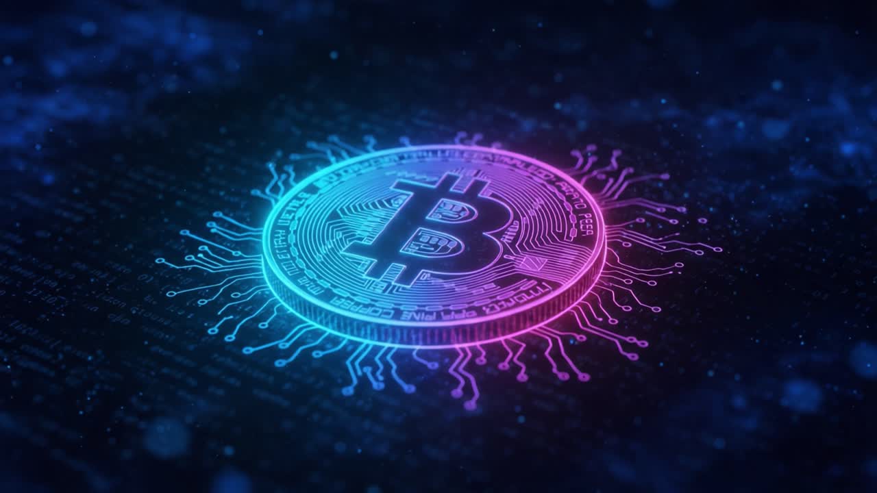 A Vibrant Digital Representation of Cryptocurrency: The Bitcoin Symbol Surrounded by Colorful Circuit Patterns and Abstract Technology Elements