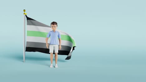 Male-animation-in-front-of-Agender-flag-while-waving,-with-a-blue-background