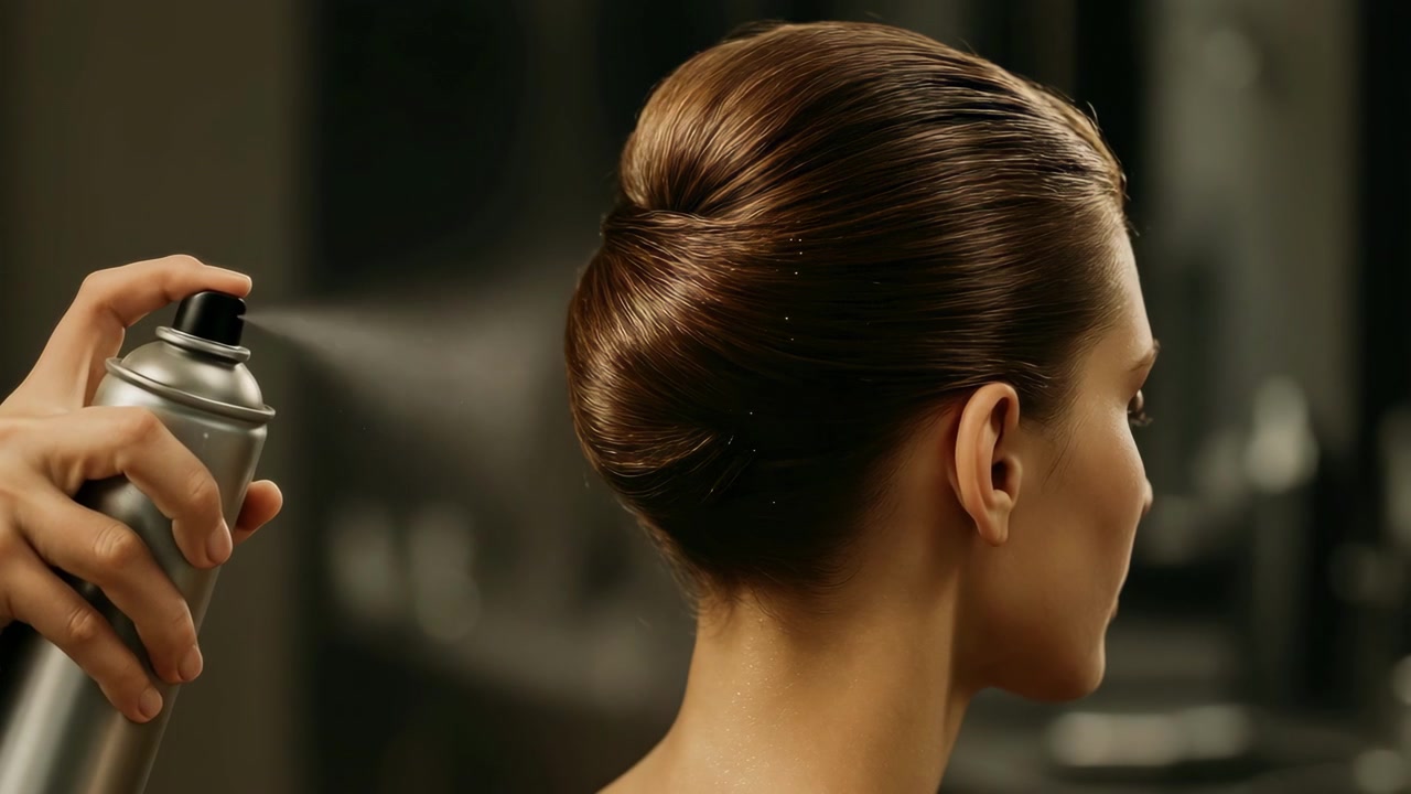 Primo piano di lacca per capelli applicata su un elegante chignon di una donna