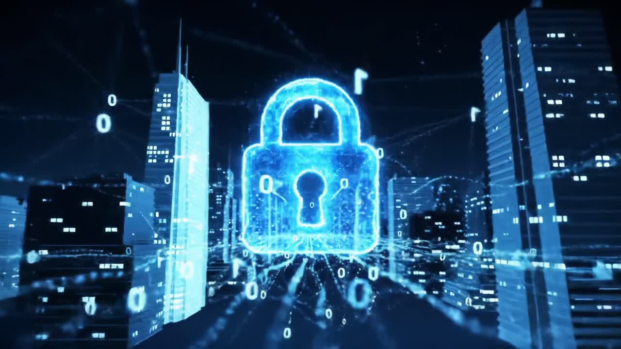 Digital Security Visualization: A Dynamic Representation of Cyber Protection with Encrypted Data Flow and a Lock Symbol Against a Futuristic Cityscape Background