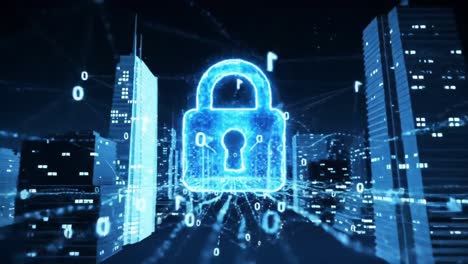 digital security visualization: a dynamic representation of cyber protection with encrypted data flow and a lock symbol against a futuristic cityscape background