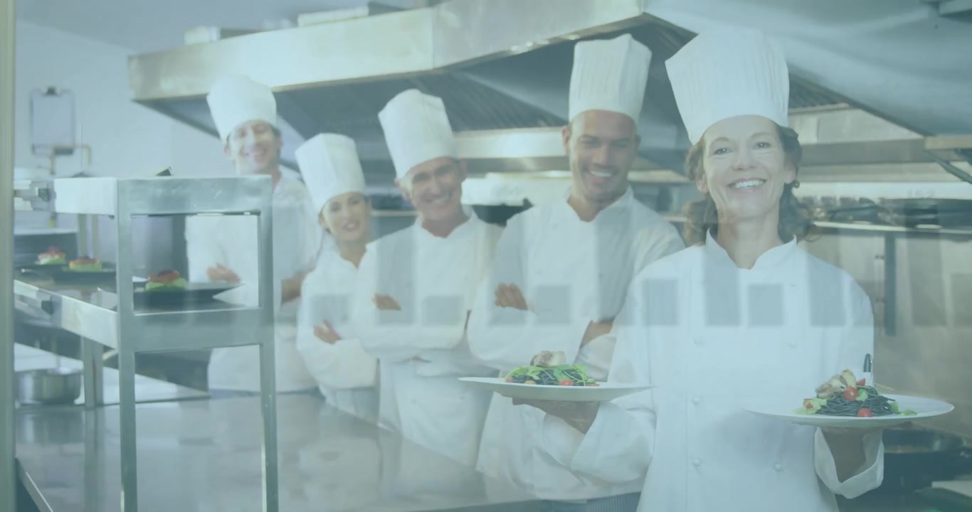 Chef che presenta un piatto, mostrandolo al team per la revisione, con grafici di dati che scorrono attraverso il passaggio.