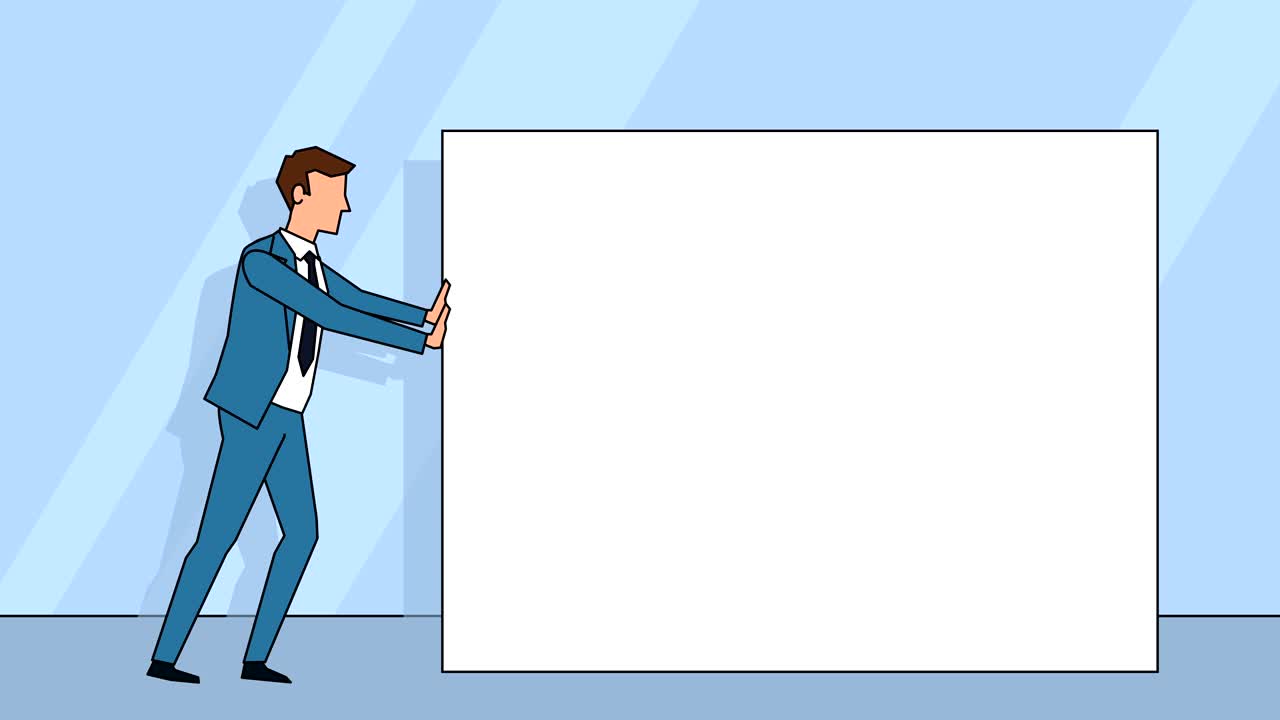 Flat cartoon businessman character  pushes empty white board animation