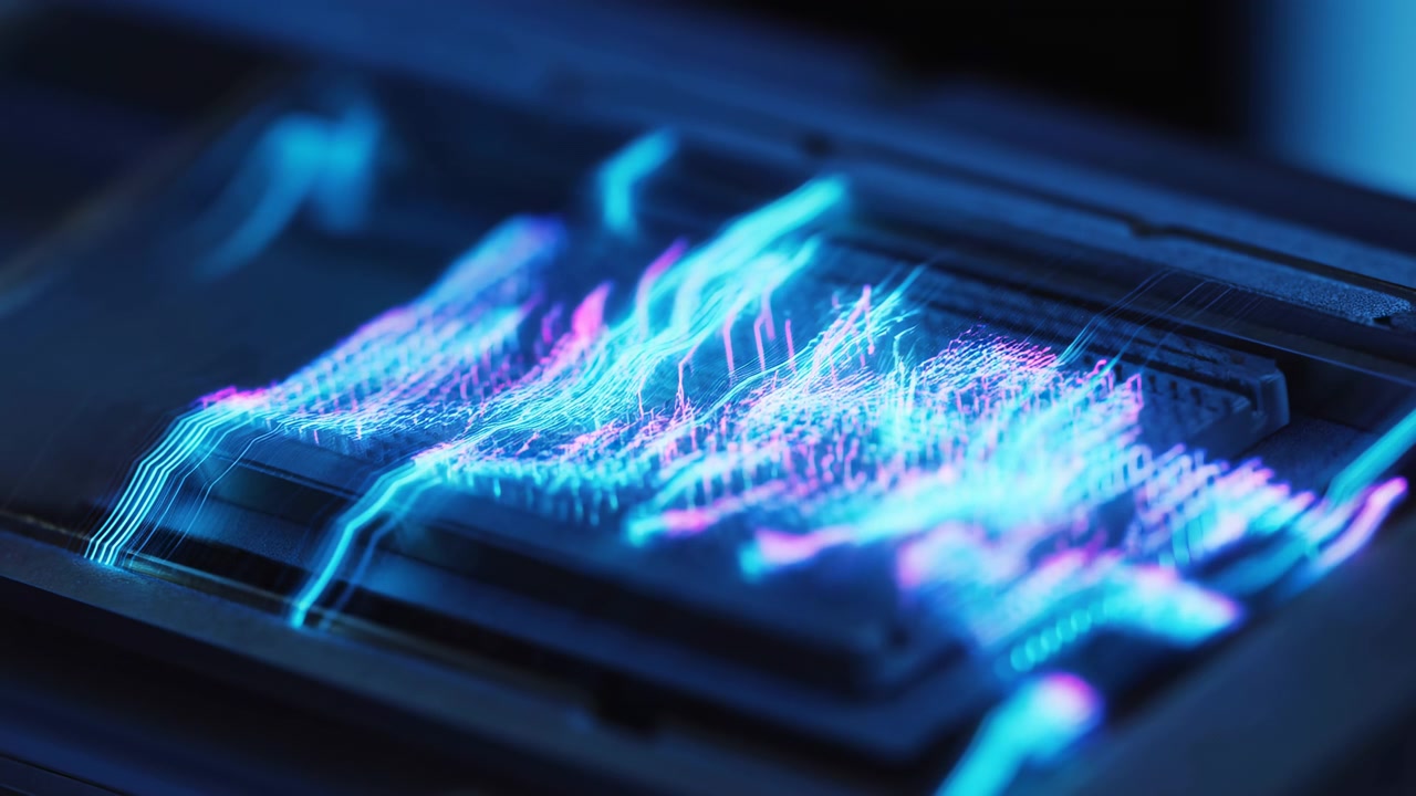 Layered luminous traces ripple across a dark rectangular display as bright blue and pink peaks shift over the surface, with glossy reflections, shallow focus, and low-key lighting.
