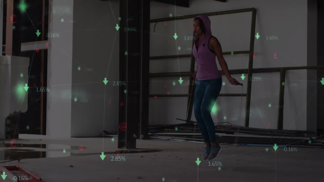 animación de una red de conexiones sobre una mujer afroamericana en forma saltando cuerdas