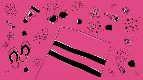 Animated-summer-background-with-black-hand-drawn-beach-objects-on-pink