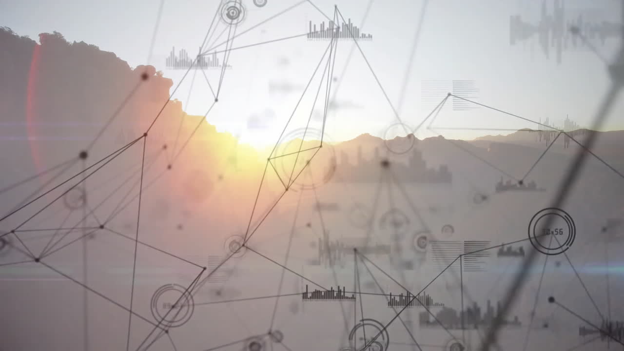 Animation of network connections and data processing over mountain at sunrise