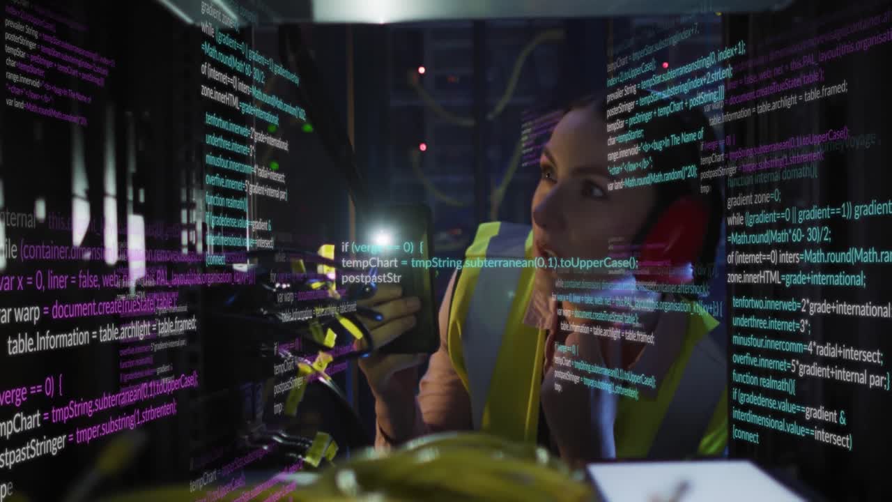 Animation of data processing over caucasian woman working in server room