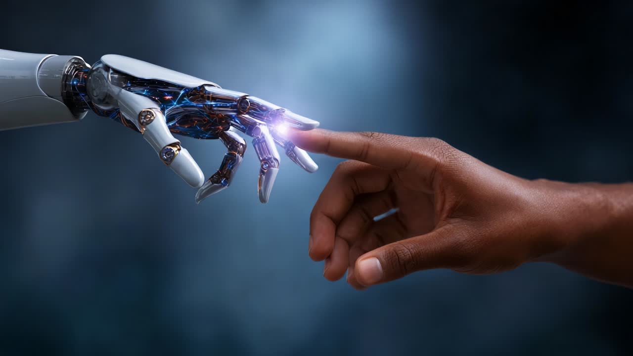 A Captivating Moment of Connection: The Contrasting Interaction Between a Human Hand and a Robotic Hand, Symbolizing the Blend of Technology and Humanity in a Stunning Visual Display