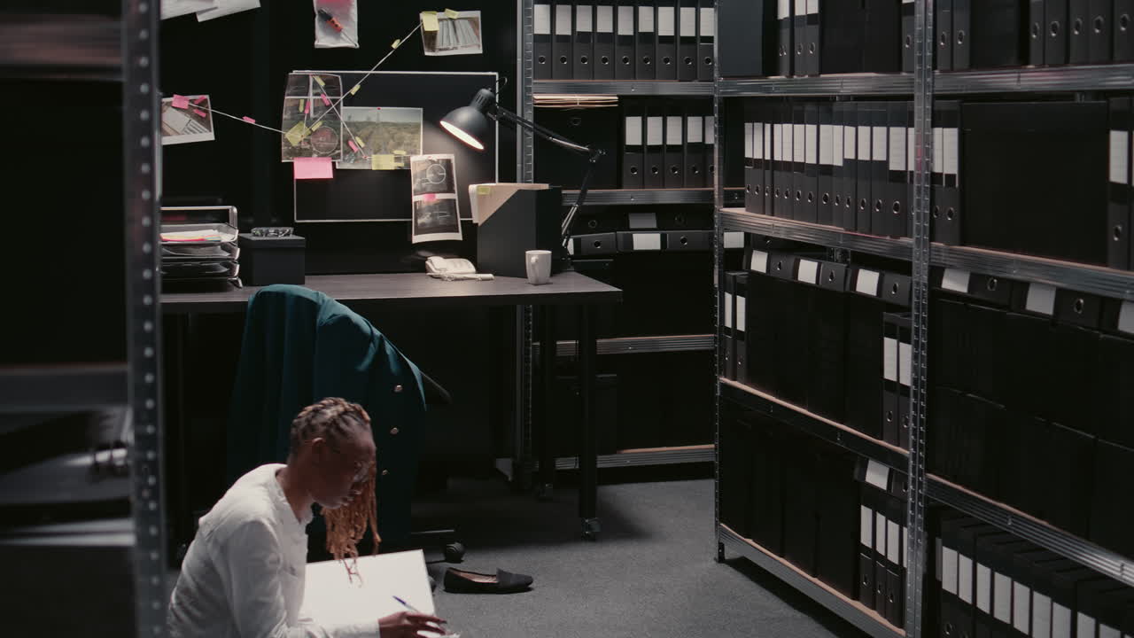Office scene with people and shelves