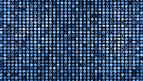 abstract festive background with rows of toruses or rings on plane flashing neon blue light randomly. black rings rotating in the air. loop beautiful bg in 4k. smooth wiggling animation