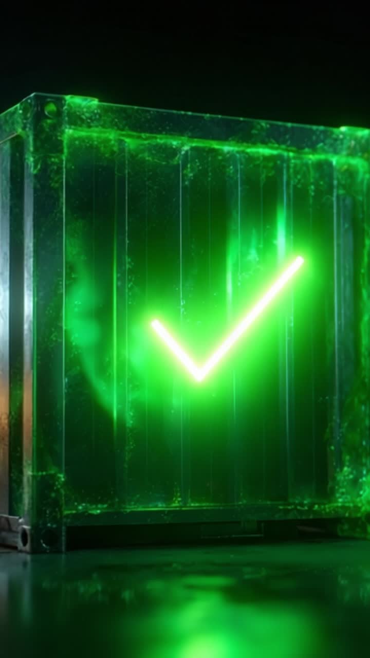 Una spunta verde luminosa che si illumina attraverso una scatola trasparente, simboleggiando conferma o successo in un'ambientazione astratta e futuristica.