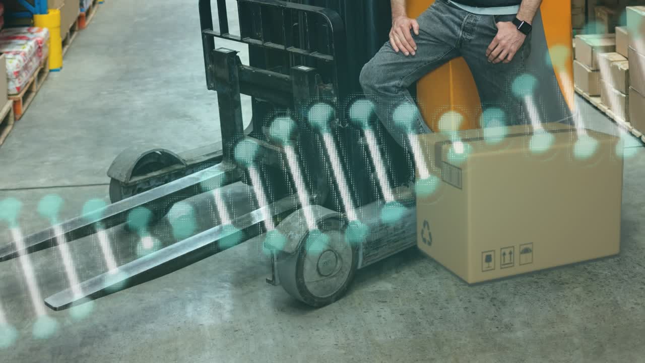 Animation of light moving over warehouse and warehouse worker