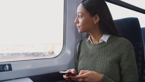 businesswoman sitting in train commuting to work checking messages on mobile phone