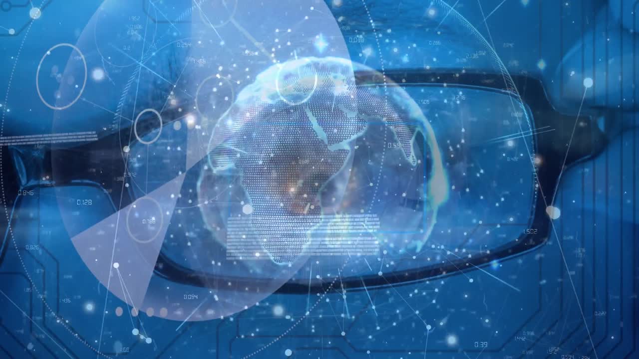 연결 네트워크와 안경과 눈을 통한 데이터 처리로 지구의 애니메이션