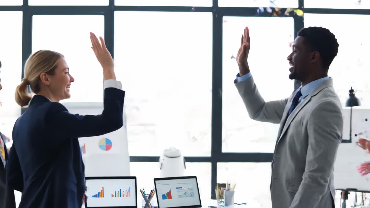 Business team celebrating success with high fives in the office, confetti falling around, radiating joy and excitement for their achievement
