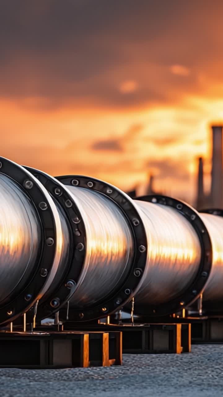 Tubi industriali che brillano al tramonto: Una vista mozzafiato di cilindri metallici contro un cielo drammatico in un ambiente urbano.