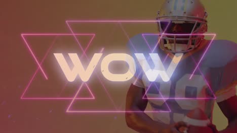 Animation-of-wow-text-over-american-football-player-on-neon-background