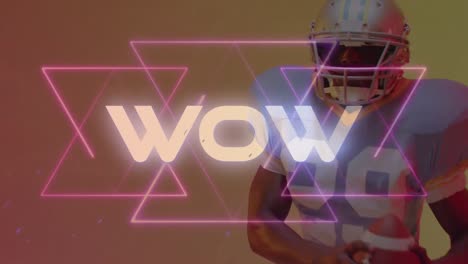 animation of wow text over american football player on neon background